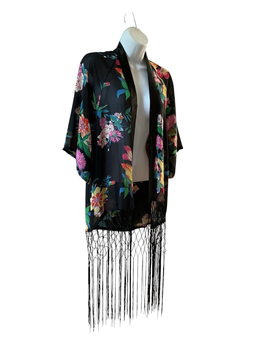 Black Floral Fringe Kimono Wrap